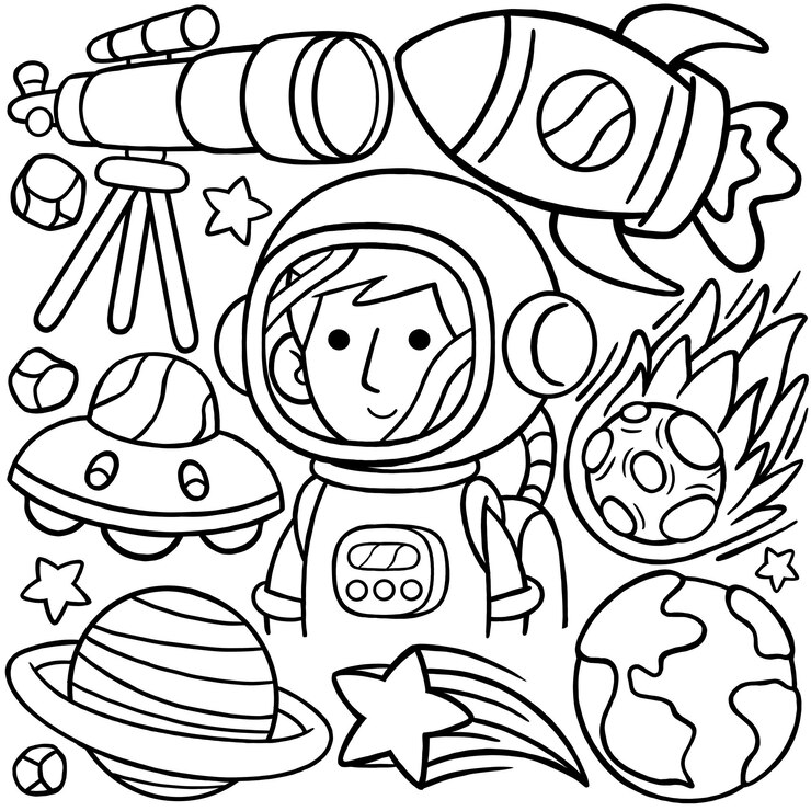 Astronauta Kawaii Doodle Line Art Ilustração vetorial
