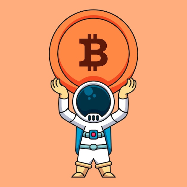 Astronauta levantando moeda de criptomoeda bitcoin ilustração de ícone de desenho animado bonito