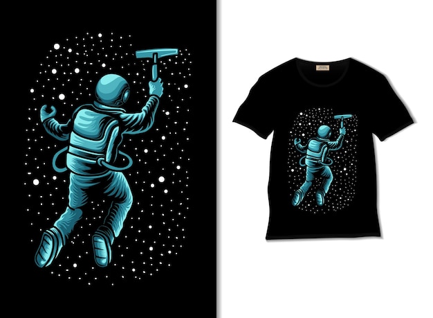 Astronauta limpa estrelas com ilustração de limpador com design de camiseta