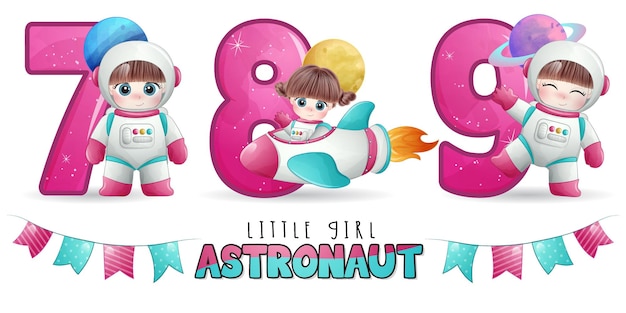 Astronauta linda garota com conjunto de ilustração de numeração