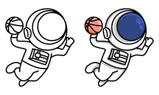 Vetor astronauta mergulhando página para colorir de basquete para crianças