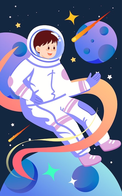 Astronauta no espaço com planeta em segundo plano ilustração vetorial do dia mundial do espaço