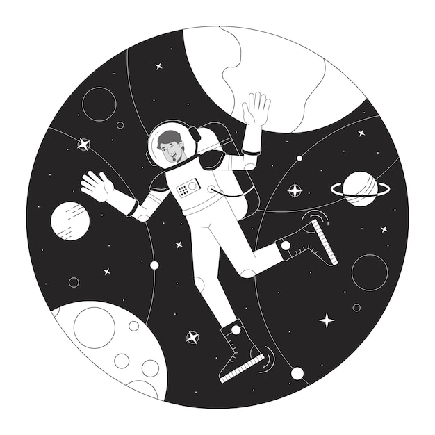 Astronauta no espaço conceito bw ilustração vetorial local Homem em traje espacial entre planetas Caractere monocromático de linha plana de desenho animado 2D para design de interface do usuário da web Imagem de herói de contorno isolada editável