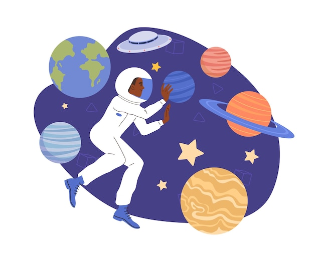 Astronauta no espaço homem em fato espacial entre planetas aventura e viagem no cosmos galáxia e