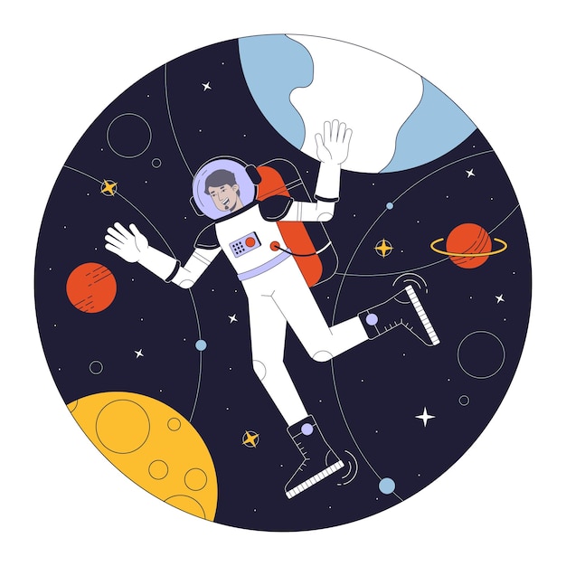 Astronauta no espaço ilustração de ponto vetorial de conceito de linha plana Homem em traje espacial entre planetas Personagem de contorno de desenho animado 2D em branco para design de interface do usuário da web Imagem de herói de cor isolada editável