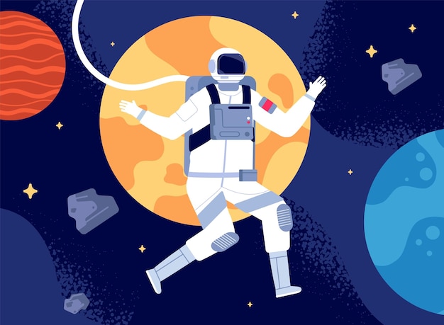 Astronauta no espaço sideral Viagem fantástica dos astronautas da caminhada espacial Cosmonauta no traje espacial descoberta colorida no conceito de vetor do universo absoluto