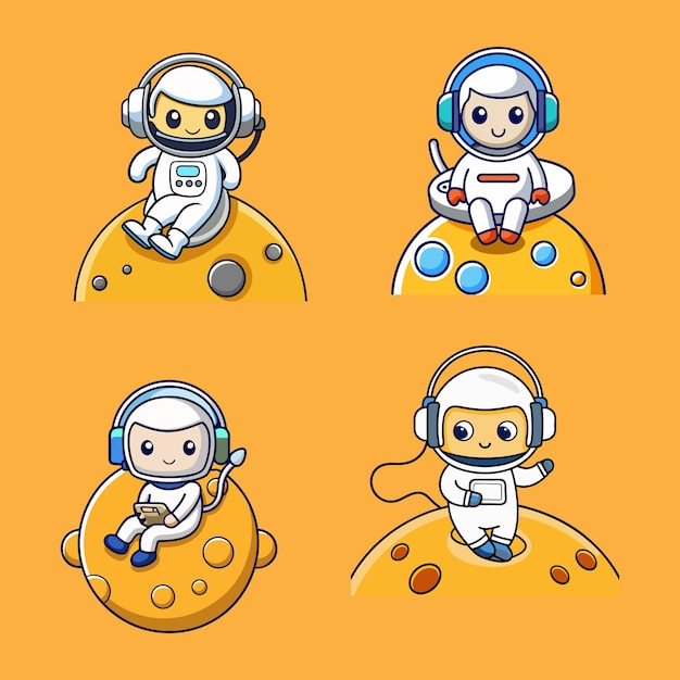 Astronauta ouvindo música na Lua com fones de ouvido desenho animado