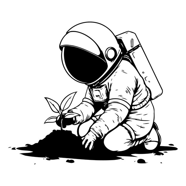 Vetor astronauta plantando uma planta no chão ilustração vetorial