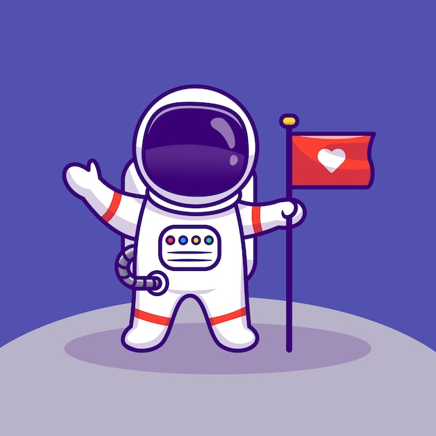 Vetor astronauta pousando na lua segurando a bandeira dos desenhos animados ícone ilustração vetorial. conceito de ícone de tecnologia espacial isolado vetor premium. estilo flat cartoon