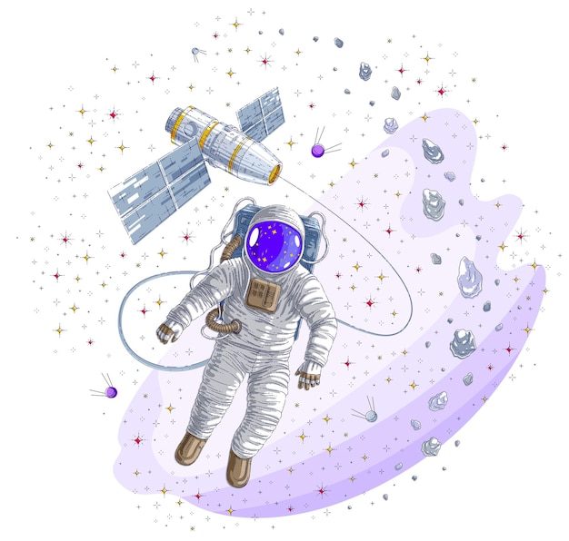 Vetor astronauta saiu para o espaço aberto conectado à estação espacial, astronauta flutuando na ausência de peso e nave espacial iss cercada por asteróides, estrelas e planetas. ilustração vetorial isolada.