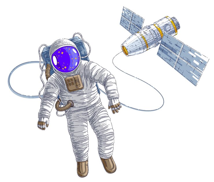 Vetor astronauta saiu para o espaço aberto conectado à estação espacial, astronauta flutuando na ausência de peso e nave espacial iss com painéis solares atrás dele. ilustração vetorial isolada sobre o branco.