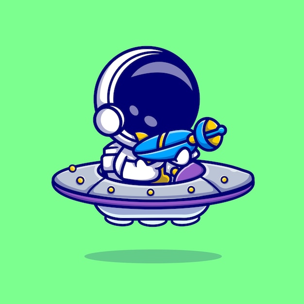 Vetor astronauta segurando a arma em ilustração de ícone de vetor de desenhos animados de nave espacial ovni. conceito de ícone de tecnologia de ciência vetor premium isolado. estilo flat cartoon