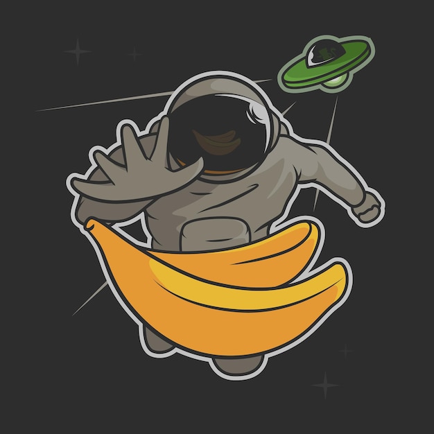 Vetor astronauta tentando pegar bananas e sendo perseguido por ilustração de arte ufo