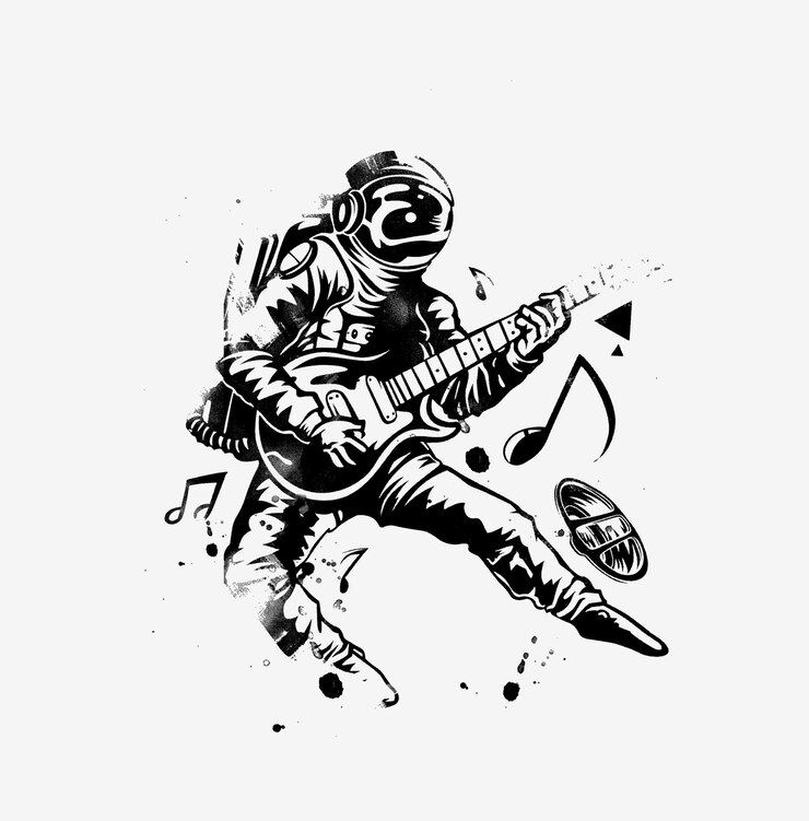 Astronauta tocando guitarra, ilustração em vetor esboço desenhado à mão.