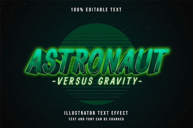 Astronauta versus gravidade, efeito de texto editável em 3d gradação verde amarelo neon sombra estilo de texto