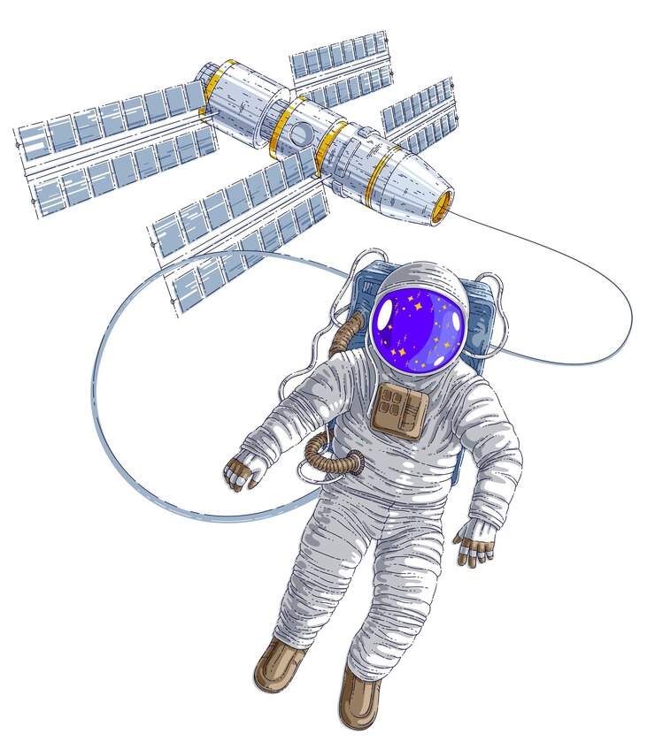 Vetor astronauta voando em espaço aberto conectado à estação espacial, astronauta em traje espacial flutuando na ausência de gravidade e nave espacial iss com painéis solares atrás dele. ilustração vetorial isolada sobre o branco.