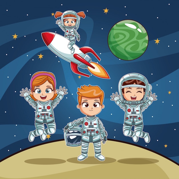 Astronautas crianças em desenhos animados espaciais