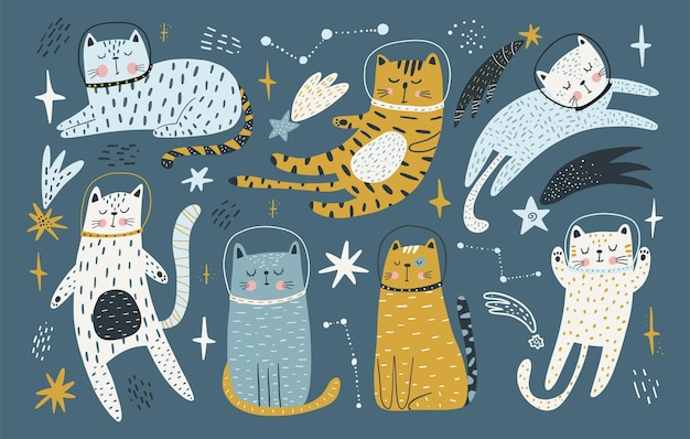 Astronautas de gatos bonitos viajando no espaço sideral aventura de cosmonauta animal no cosmos ilustração em vetor plana de felino engraçado no universo