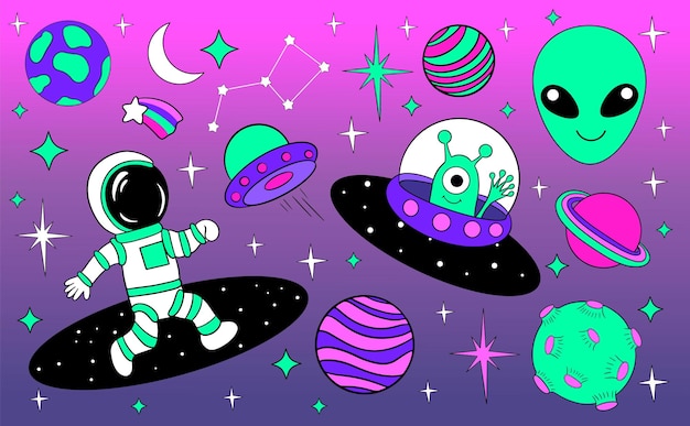 Astronautas e alienígenas em ilustração vetorial de desenho animado espacial. Viagem e exploração espacial.
