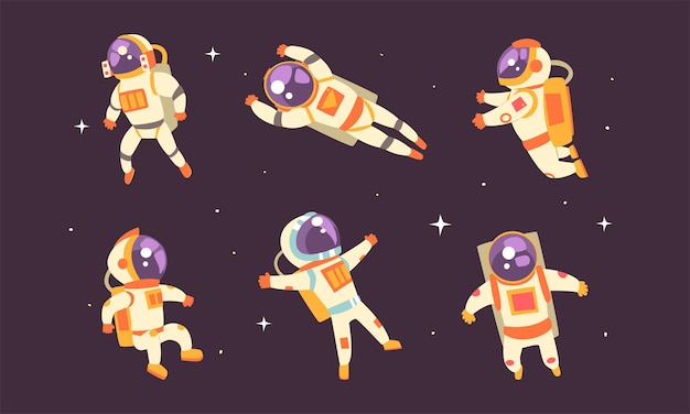 Astronautas flutuando no espaço exterior colocam um astronauta em fato espacial executando uma ilustração do vetor de atividade extraveicular