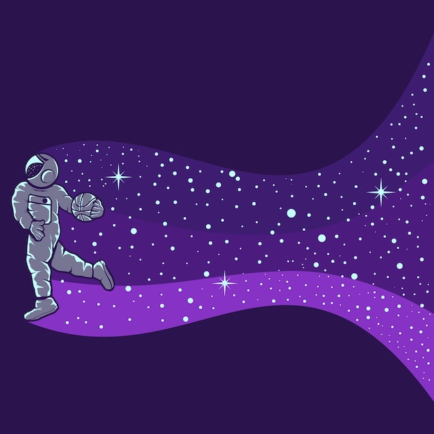 Astronautas jogando basquete isolado em roxo