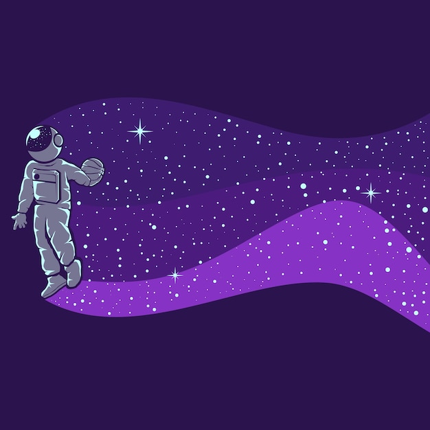 Astronautas jogando basquete isolado em roxo