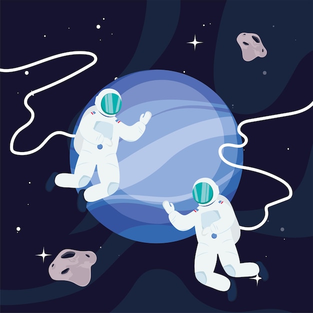 Astronautas na frente de netuno no espaço do universo