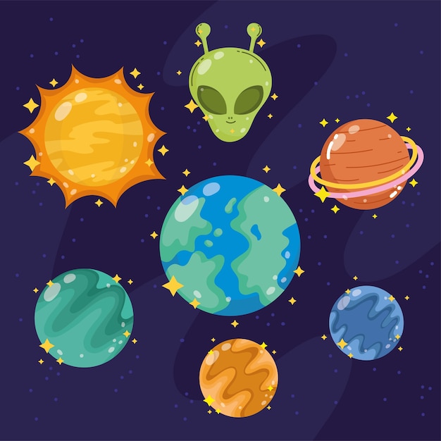 Astronomia da galáxia espacial em estilo cartoon definir ícones planeta alien sol ilustração