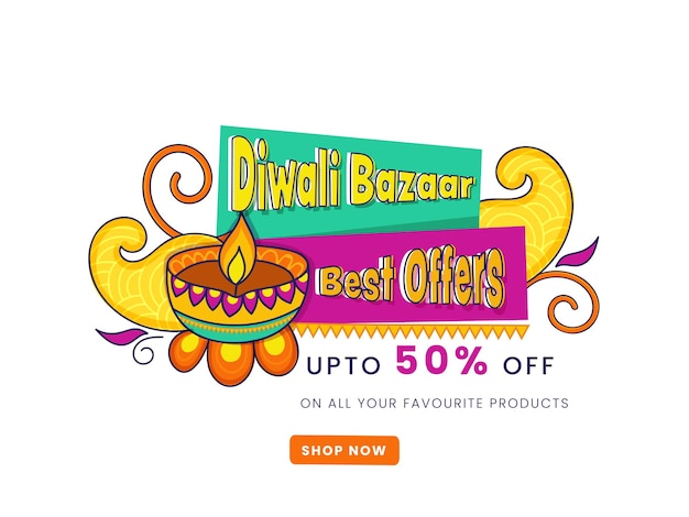 Até 50% de desconto para o diwali bazar pôster com lâmpada de óleo acesa (diya).