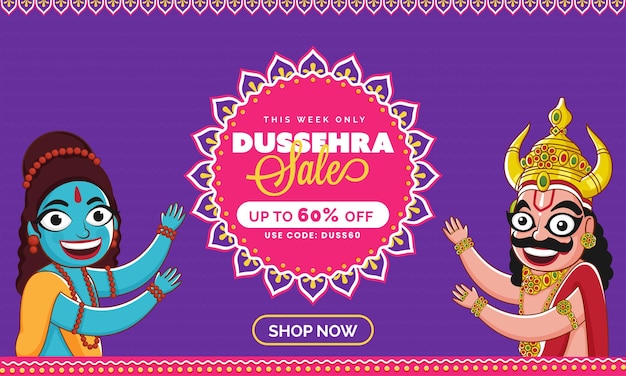 Até 60% de desconto para dussehra sale banner design com alegre lord rama e demon ravana king character.