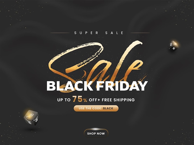 Até 75% de desconto para design de cartazes de venda de black friday com 3d shopping dice.