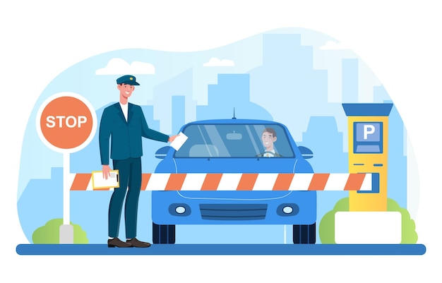 Vetor atendente masculino de pé no braço do portão com sinal de parada verificando veículos conceito de segurança do estacionamento