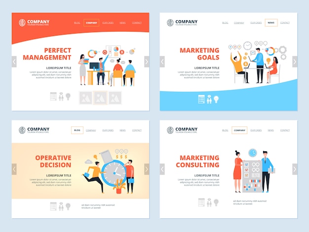 Aterragem de gerenciamento. organização de layout de página de site de negócios consultores de marketing de meta gerentes equipe espaço de trabalho
