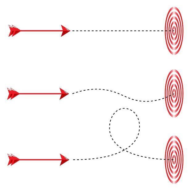 Atirando em alvos com uma seta vermelha voadora e uma trajetória de vôo