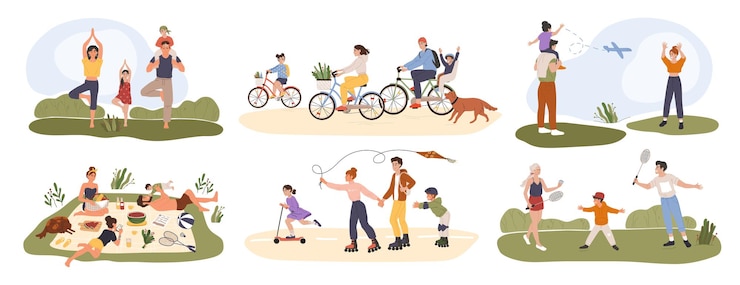 Vetor atividade ao ar livre em família pais, filhos passando um tempo juntos fazendo piquenique fazendo ioga