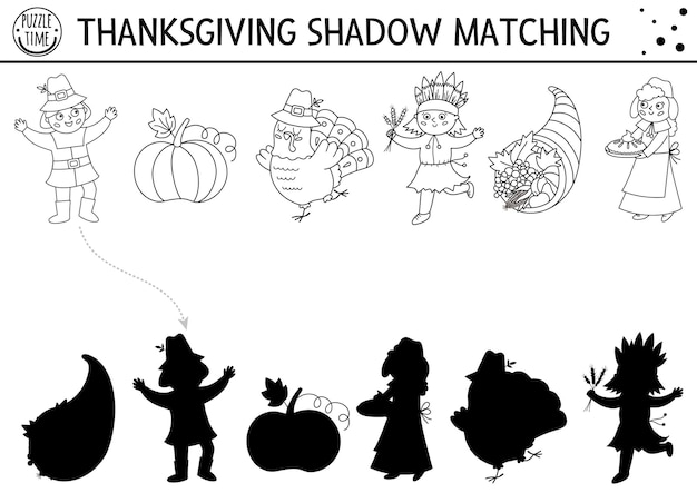 Atividade de correspondência de sombra em preto e branco de ação de graças com abóbora peregrina de peru quebra-cabeça de linha de outono com símbolos tradicionais de feriado encontre planilha imprimível da silhueta corretaxa