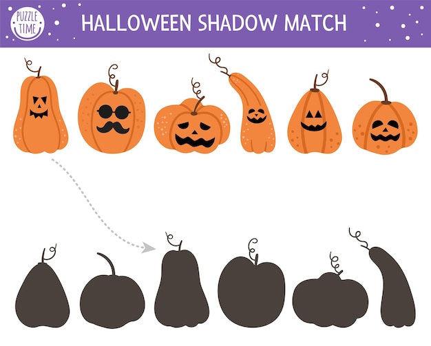 Atividade de correspondência de sombras de halloween para crianças. quebra-cabeça de outono com jack-o-lanterns. jogo educativo para crianças com abóboras assustadoras. encontre a planilha de impressão de silhueta correta.