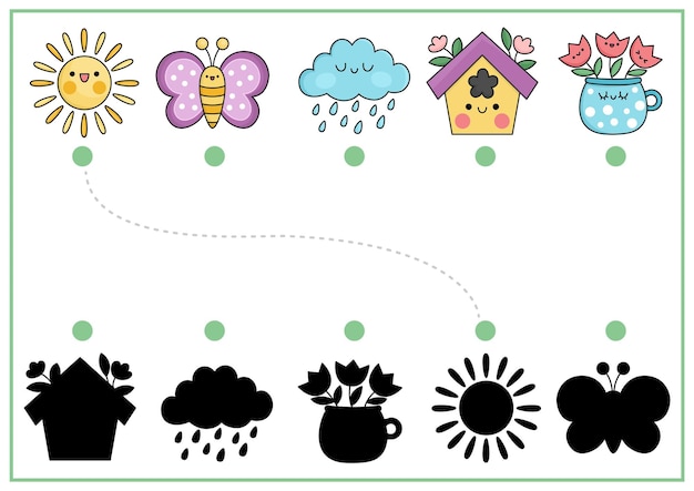 Atividade de correspondência de sombras de jardim com personagens tradicionais quebra-cabeça de reconhecimento de formas de férias de primavera com animais kawaii bonitos encontre a silhueta correta folha de trabalho impressavel página de páscoa para criançasxa