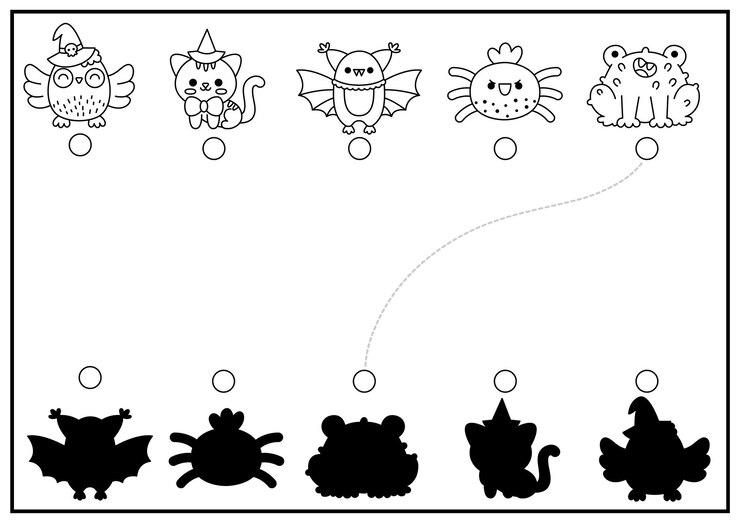 Vetor atividade de correspondência de sombras em preto e branco de halloween quebra-cabeça de férias de outono com animais kawaii fofos encontre a silhueta correta para imprimir planilha de doces ou travessuras para colorir para crianças com coruja de gato