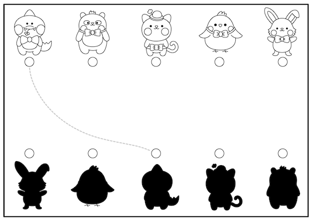 Atividade de correspondência de sombras pretas e brancas de páscoa com animais kawaii bonitos quebra-cabeça de reconhecimento de formas de férias de primavera encontre a silhueta correta folha de trabalho imprimível pages de coloração de jardim