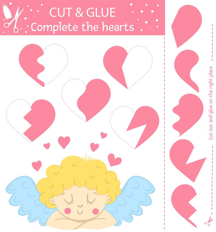 Vetor atividade de corte e cola do dia dos namorados de saint do vetor. jogo educacional de férias com um cupido fofo e um objeto tradicional. atividade divertida para crianças com tema de amor. complete os corações
