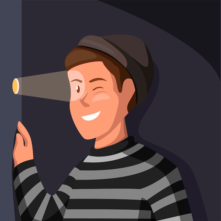 Vetor atividade de crime de stalker. homem ladrão usa camisa de tira olhando da parede do buraco na ilustração dos desenhos animados