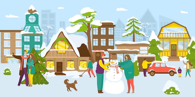 Atividade de inverno na ilustração da cidade de neve