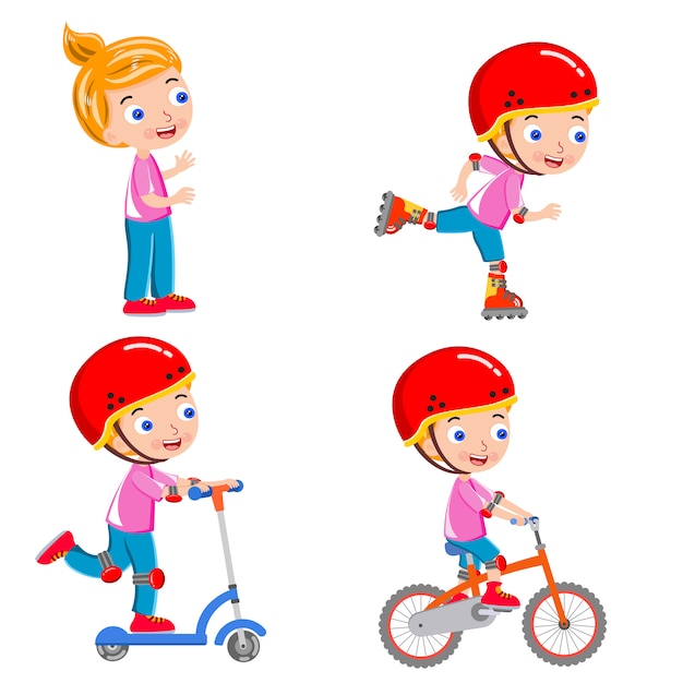 Atividade de menina correndo patinação equitação bicicleta vector