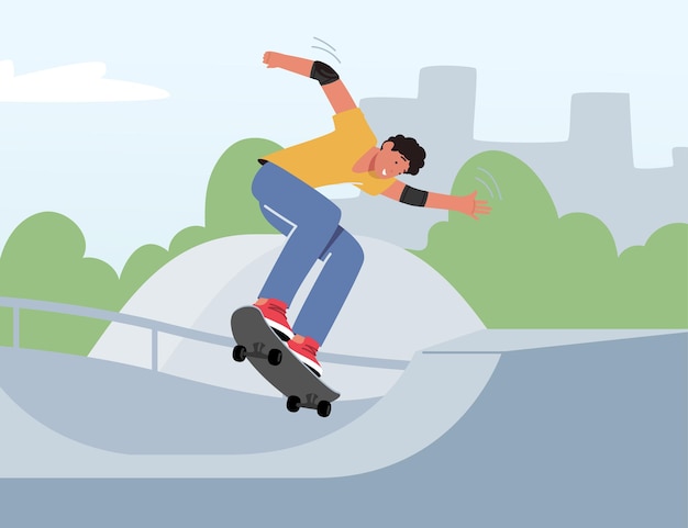 Atividade de skate ao ar livre. jovem pulando no skate treinamento acrobacias radicais. esporte de personagem masculino skatista, menino em longboard passar o tempo no parque da cidade. ilustração em vetor de desenho animado