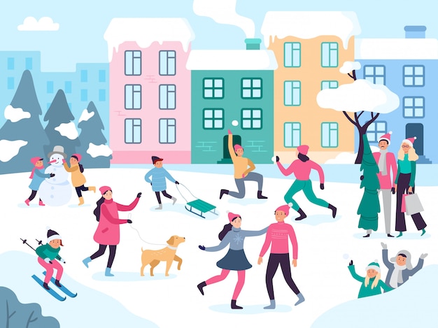 Atividades de inverno na cidade. Pessoas caminhando ao ar livre com neve, diversão em família e eventos urbanos