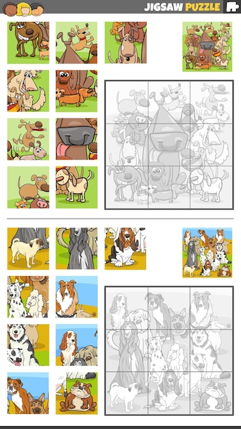 Atividades de quebra-cabeça com cachorros engraçados de desenho animado