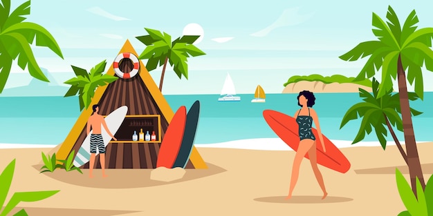 Vetor atividades de verão no mar, actividades de praia, viagens, surf.