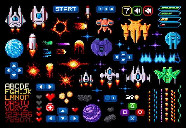 Ativo do jogo espacial 8bit pixel art galáxia planetas foguetes fonte starcraft e botões de interface de jogo pixelizada ônibus vetores vintage elementos do menu explosão de fogo coração setas cometas ou meteoros