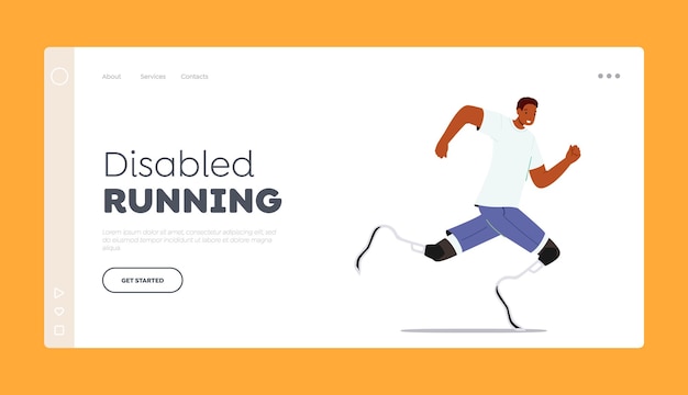 Atleta de modelo de página de destino de corrida com deficiência com prótese de pernas Amputado Man Run personagem com membros amputados